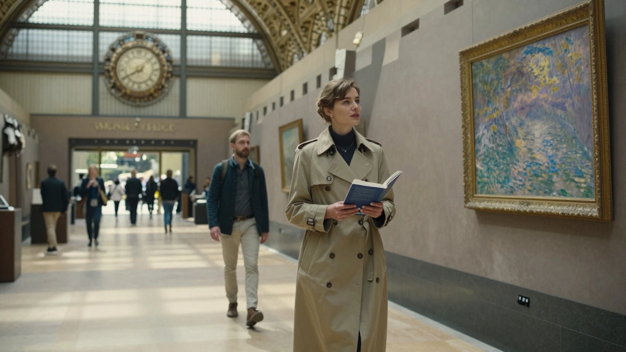 A woman and client exploring an art museum in Paris, engaged in thoughtful discussion among impressionist paintings.