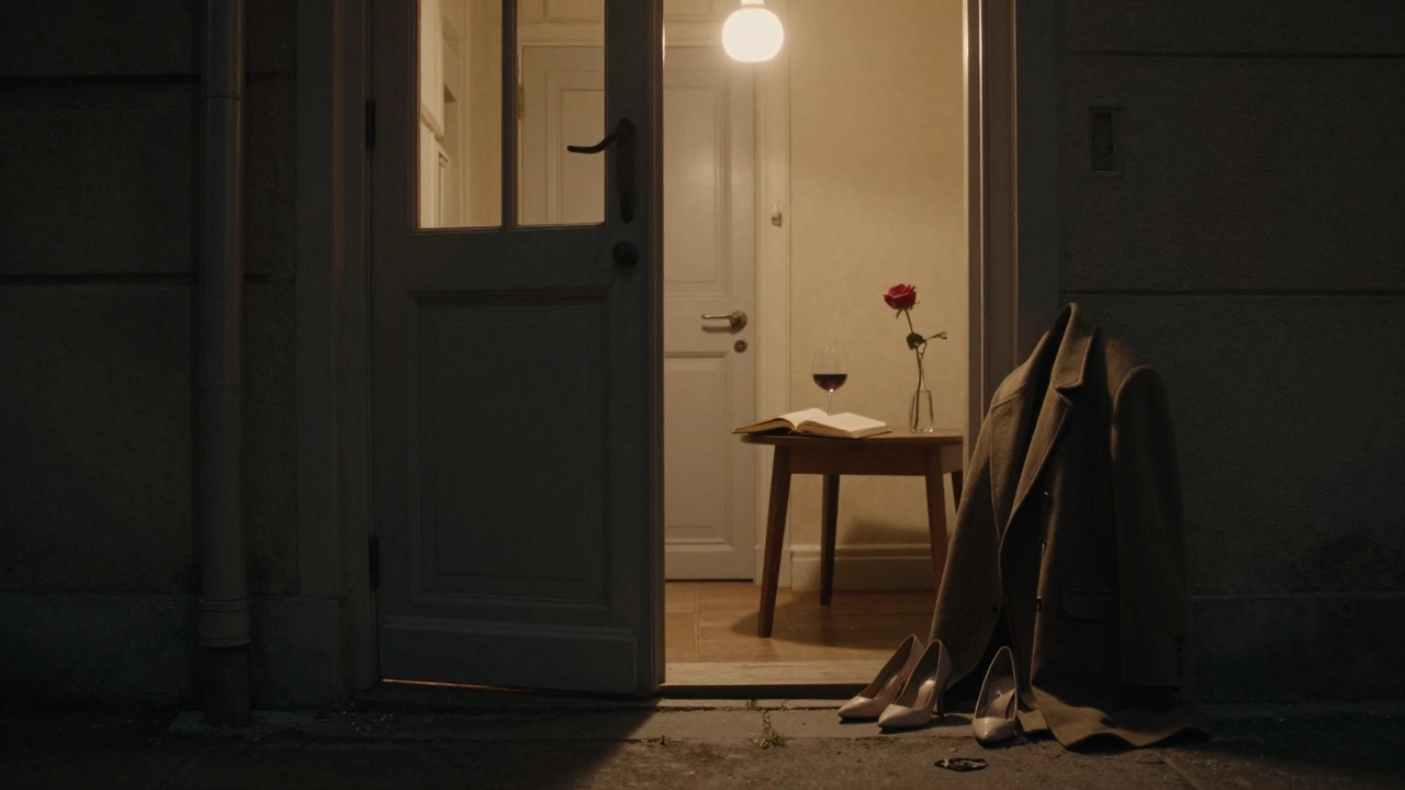 An empty Paris apartment doorway at night, with shoes and a coat left neatly inside, hinting at a private, respectful meeting.