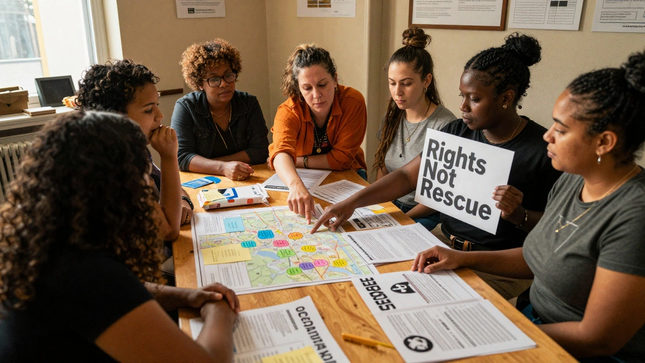 Diverse group of sex workers and allies in a community center, discussing safety and rights.