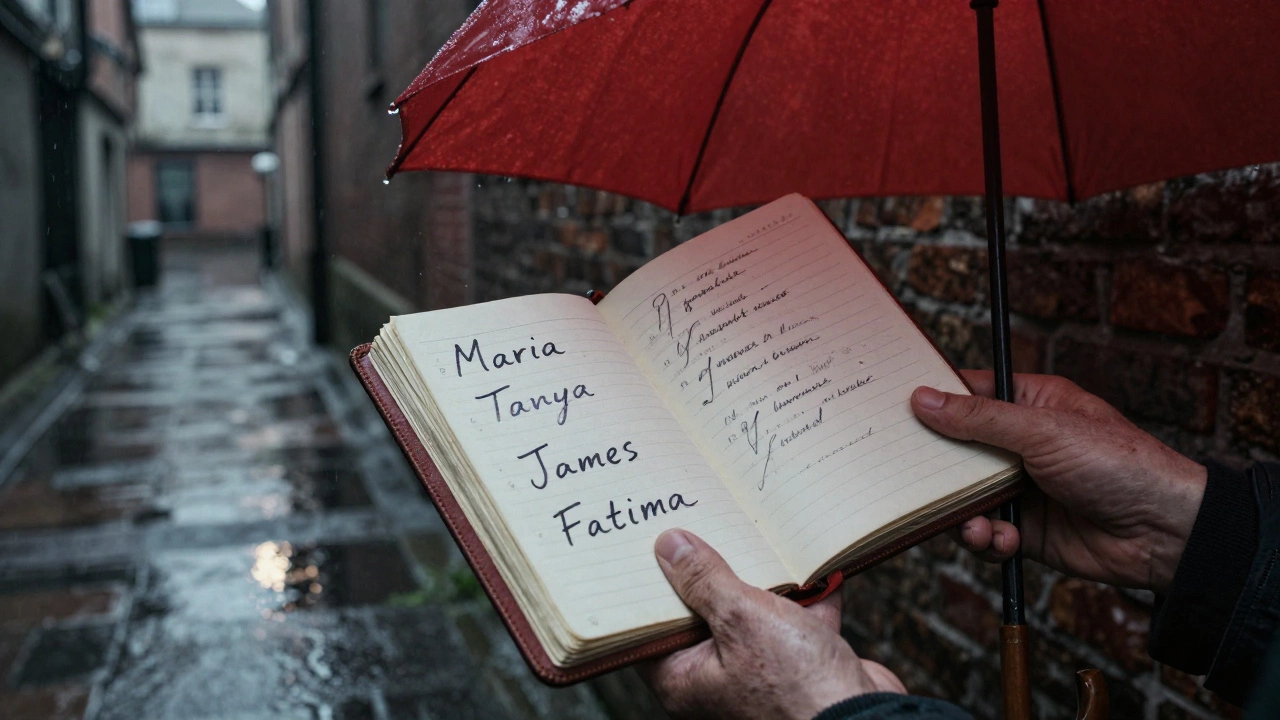 Weathered hands holding a journal with handwritten names of victims under a red umbrella in an alley.